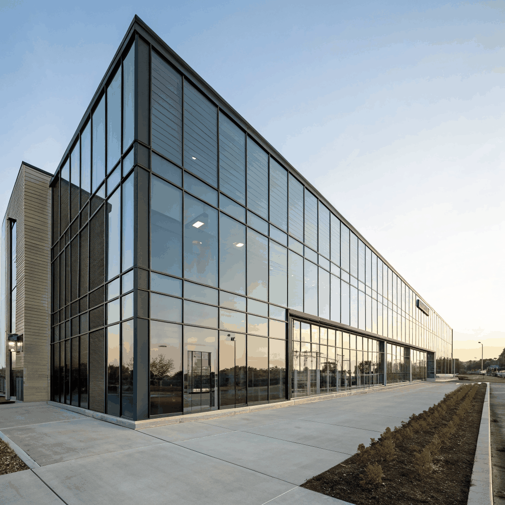 High-performance architectural powder coating on a modern building facade